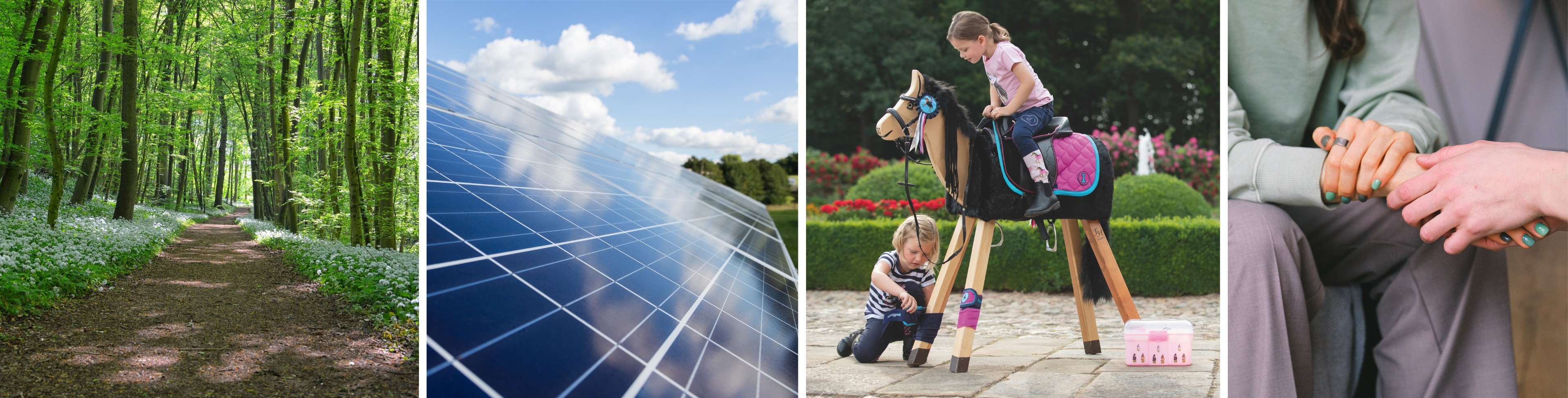 A collage of a forest, a photovoltaic system, a wooden horse and two people holding hands.